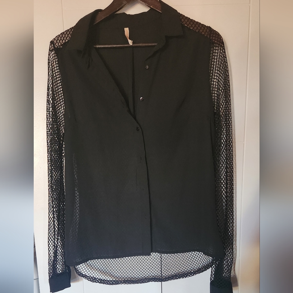 Elegant Black Mesh Sleeve Women's Top